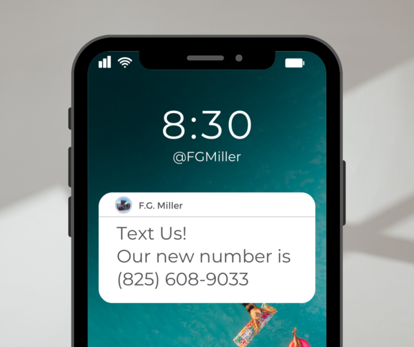 A smartphone is centered on a white and grey background. The screen displays a text message that reads "Text Us! Our new number is 825-608-9033."