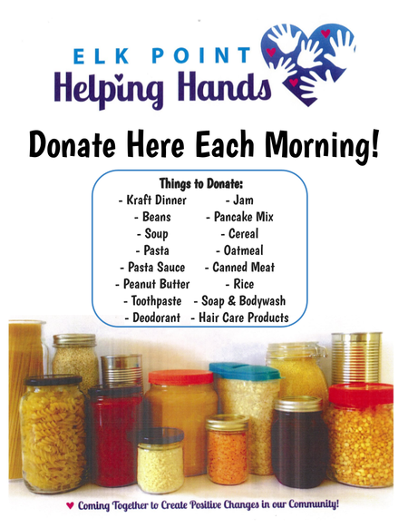 Elk Point Helping Hands Poster with a list of things to donate and an image of canned, non-perishable foods.