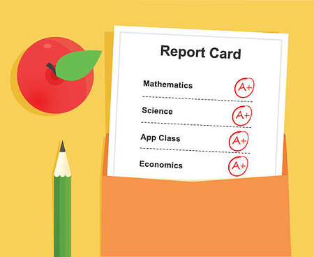 A report card pokes out of an envelope, next to a green pencil and a red apple all on on a yellow background.