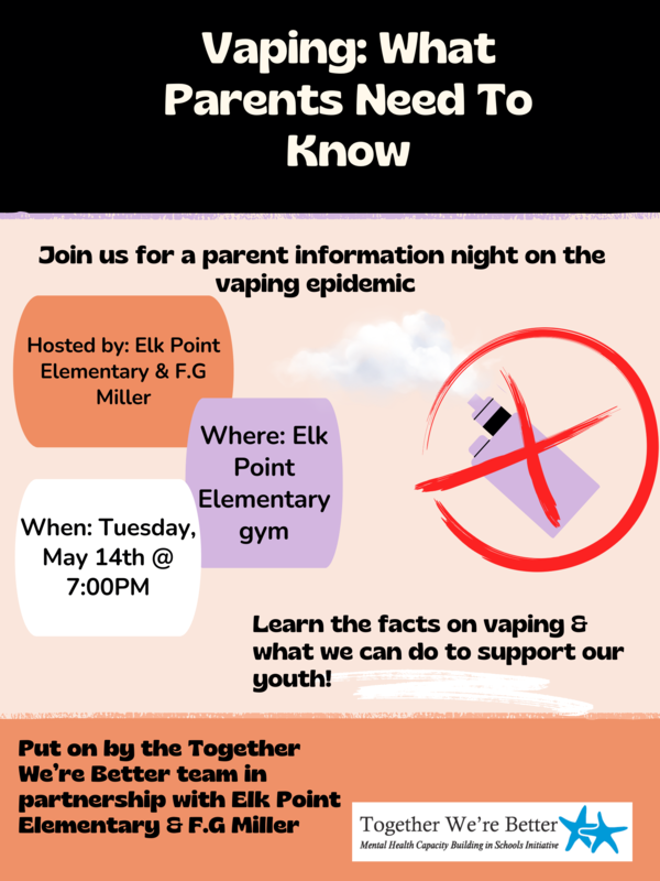 Informational Poster about an upcoming Vaping Information Night on May 14, 2024 at 7pm.