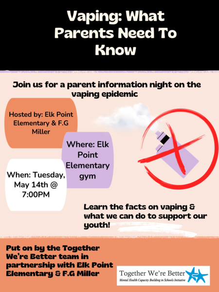 Informational Poster about an upcoming Vaping Information Night on May 14, 2024 at 7pm.